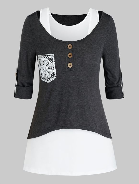 Ensemble de T-shirt au Crochet à Manches Roulées de Grande Taille avec Poche et de Débardeur - Cendre gris L