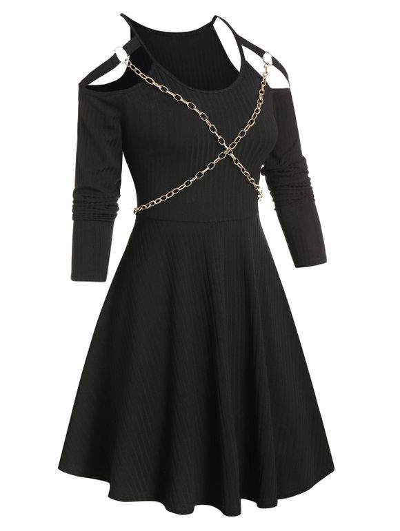 Robe Gothique Côtelée Epaule Dénudée à Chaîne - Noir M
