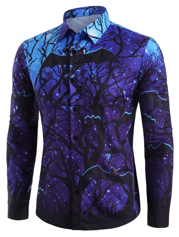 Chemise d'Halloween Boutonnée Chauve-souris Etoile Imprimés à Manches Longues - Bleu L
