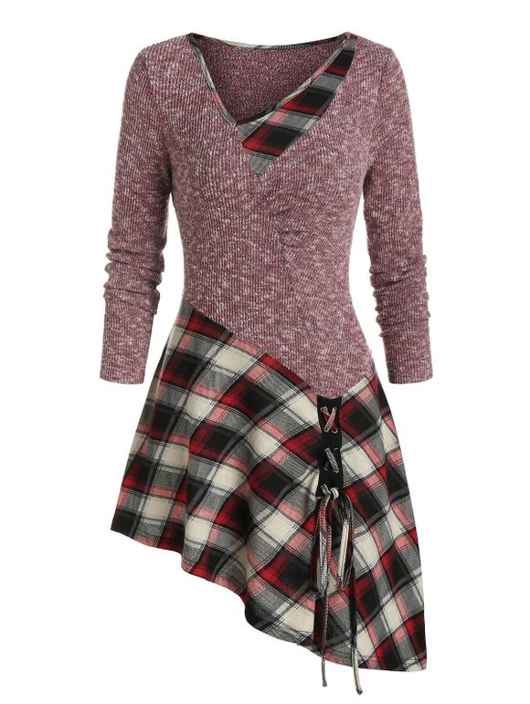 Plaid Print Lace-up Asymmetric Sweater - RED WINE M