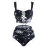 Vintage Tankini Swimsuit Sun Moon Star Print Bathing Suit Lace Up Summer Beach Tummy Control Swimwear - WHITE S