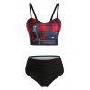 Ensemble de Bikini Rembourré Imprimé à Carreaux à Volants - Noir 2XL