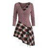Plaid Print Lace-up Asymmetric Sweater - RED WINE M