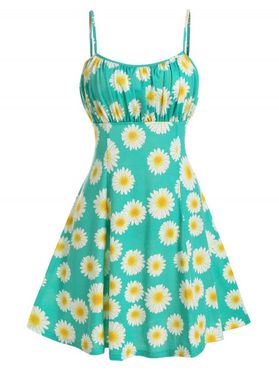 Vacation Sunflower Print Sundress Ruched Summer Cami A Line Dress