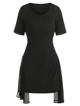 Plain Ribbed Tee Dress Knitted Chiffon Panel Zipper Solid Color Asymmetrical T-shirt Dress