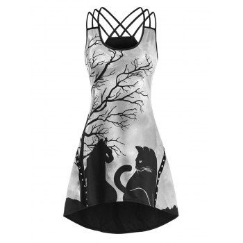 

Crisscross Tree Cat Print Grommet High Low Dress, Light gray