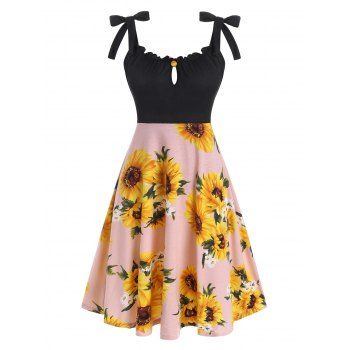 Sunflower Print Tie Shoulder Keyhole Dress