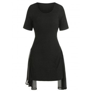 

Plain Ribbed Tee Dress Knitted Chiffon Panel Zipper Solid Color Asymmetrical T-shirt Dress, Black