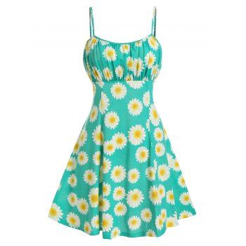 

Vacation Sunflower Print Sundress Ruched Summer Cami A Line Dress, Turquoise