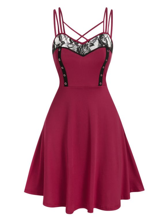 Robe Evasée Croisée en Dentelle Insérée - Rouge Vineux 3XL