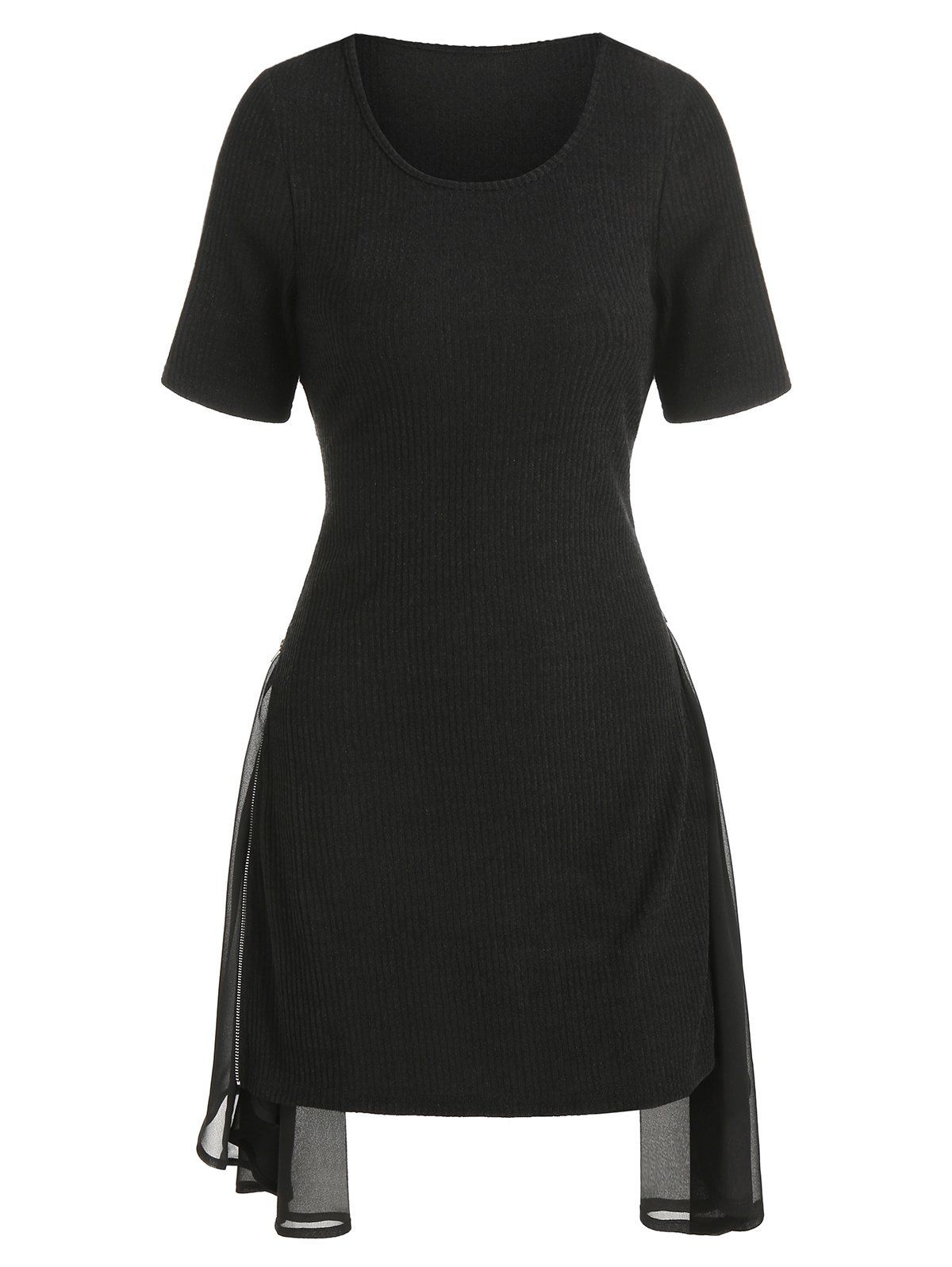 Plain Ribbed Tee Dress Knitted Chiffon Panel Zipper Solid Color Asymmetrical T-shirt Dress - BLACK M