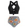Maillot de Bain Tankini Contrôle du Ventre Tournesol Noué Zigzag de Plage - Noir 2XL