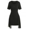 Plain Ribbed Tee Dress Knitted Chiffon Panel Zipper Solid Color Asymmetrical T-shirt Dress - BLACK M