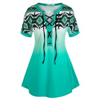 

Plus Size Lace-up Geometric Print Cuffed Sleeve Tee, Green