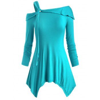 

Open Shoulder Solid Handkerchief Plus Size Top, Blue