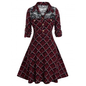 

Plus Size Plaid Lace Panel Shirt Dress, Red wine