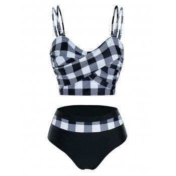 Image of Checked Crisscross High Waisted Tankini Swimwear