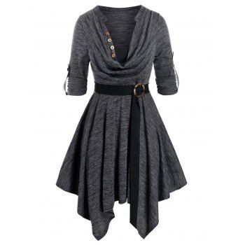 

Plus Size Space Dye Cowl Neck Handkerchief Roll Up Sleeve Dress, Gray