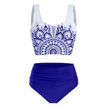 

Vintage Swimwear Tummy Control Tankini Swimsuit Contrast Ruched High Rise Beach Bathing Suit, Deep blue