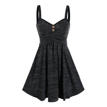 Summer Space Dye Crisscross Mock Button Cami A Line Dress, Black