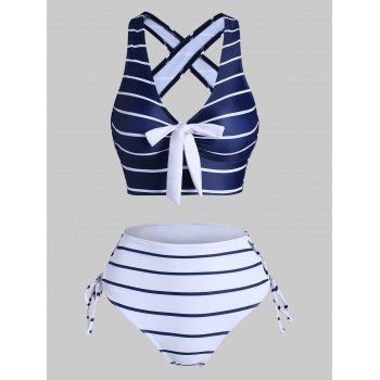 

Striped Criss Cross Lace Up Bicolor Tankini Swimwear, Deep blue