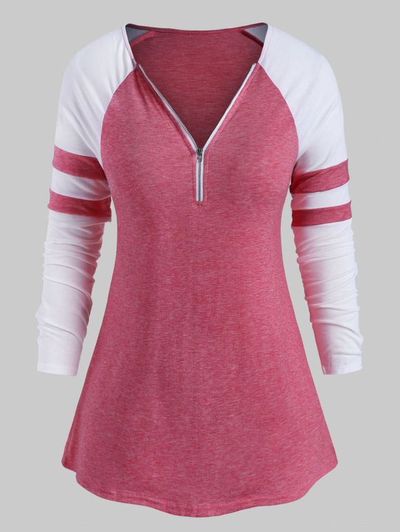 T-shirt de Baseball Bicolore à Demi-Zip de Grande Taille - Rose clair 5X