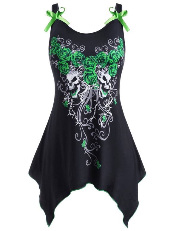 Débardeur Mouchoir d'Halloween Crâne Fleuri Peinture Eclaboussée avec Nœud Papillon de Grande Taille - Vert 1X
