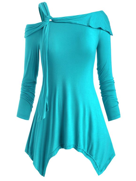Haut Mouchoir à Epaule Dénudée en Couleur Unie de Grande Taille - Bleu L