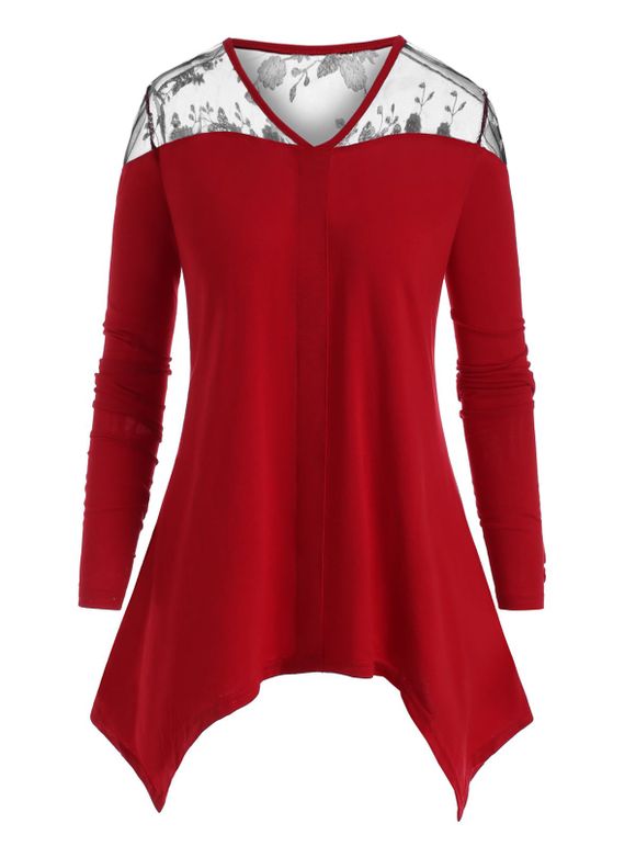 T-shirt Mouchoir en Maille Insérée de Grande Taille - Rouge foncé XL