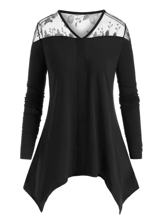 T-shirt Mouchoir en Maille Insérée de Grande Taille - Noir XL