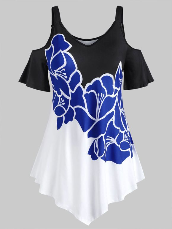 T-shirt Asymétrique Fleuri Imprimé à Epaule Dénudée de Grande Taille - Bleu 1X