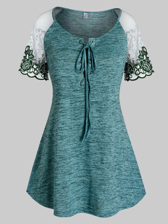 T-shirt Panneau en Dentelle de Grande Taille à Lacets - Aigue Marine Moyenne 5X