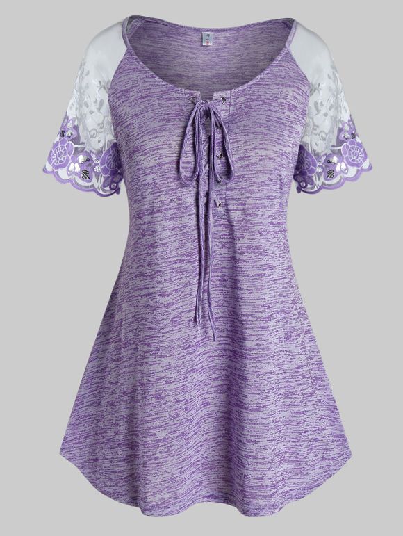 T-shirt Panneau en Dentelle de Grande Taille à Lacets - Violet Crocus 5X