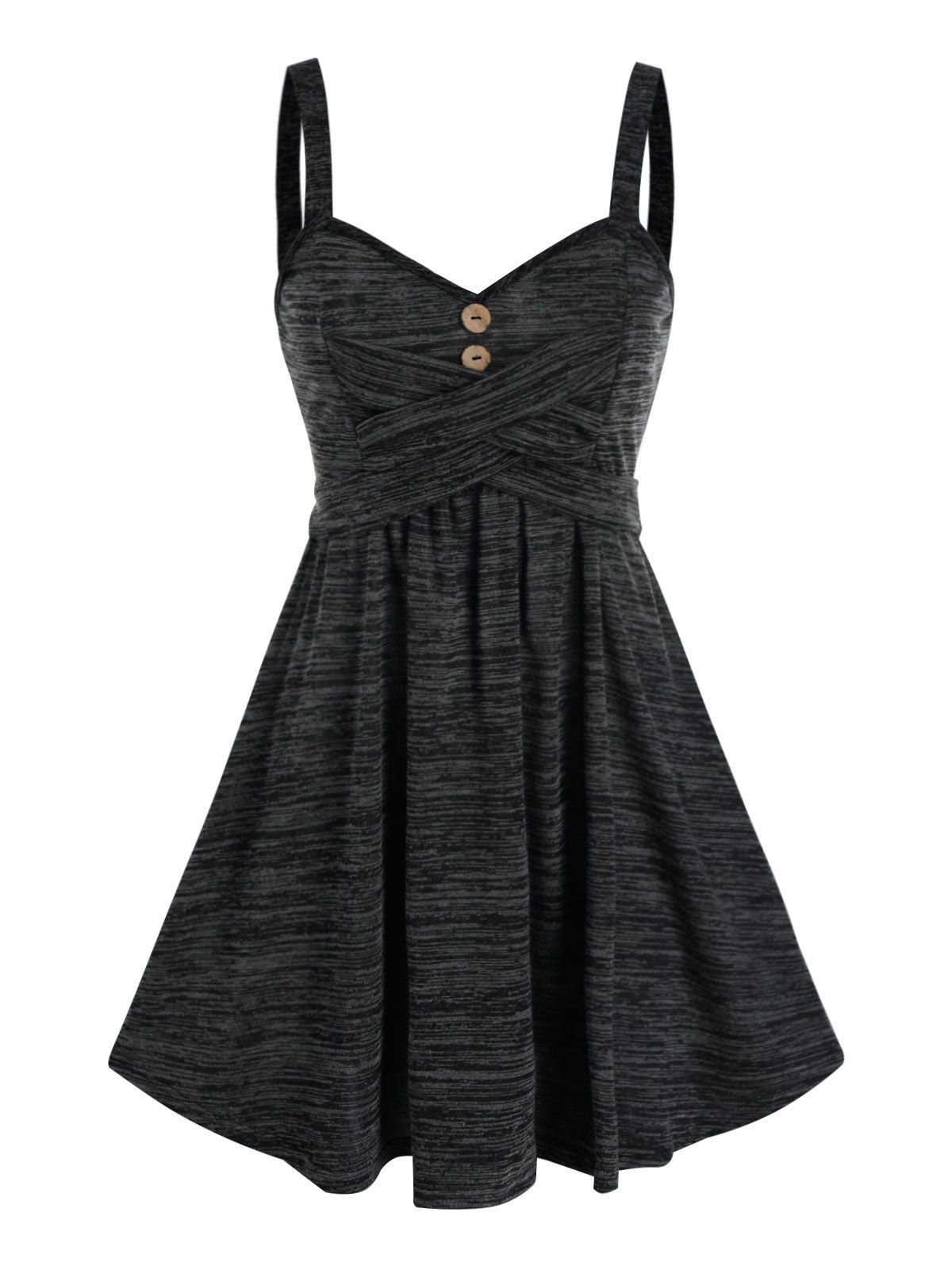 Summer Space Dye Crisscross Mock Button Cami A Line Dress - BLACK L