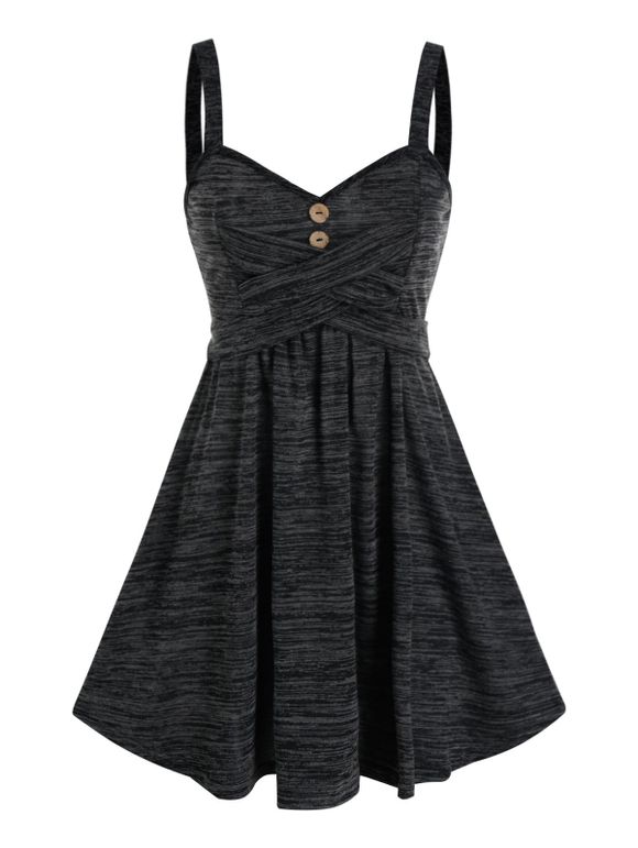 Summer Space Dye Crisscross Mock Button Cami A Line Dress - BLACK S