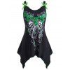 Débardeur Mouchoir d'Halloween Crâne Fleuri Peinture Eclaboussée avec Nœud Papillon de Grande Taille - Vert 1X