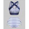 Striped Criss Cross Lace Up Bicolor Tankini Swimwear - DEEP BLUE S