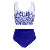 Vintage Swimwear Tummy Control Tankini Swimsuit Contrast Ruched High Rise Beach Bathing Suit - DEEP BLUE L