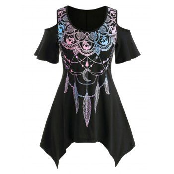 

Plus Size Cold Shoulder Dreamcatcher Print Handkerchief Tee, Black