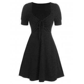 

Short Sleeve Cinched Ribbed Flare Dress, Black