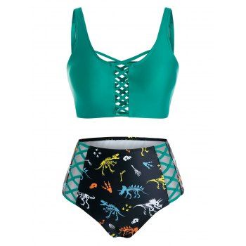 

Dinosaur Print Crisscross Cutout High Waisted Tankini Swimwear, Green