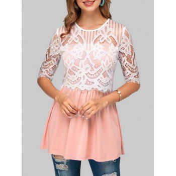 

Half Sleeve Lace Insert Flare Blouse, Pink