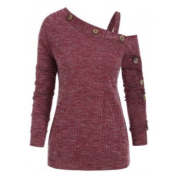 

Cold Shoulder Mock Button Pullover Knitwear, Red wine
