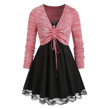 

Plus Size Space Dye Lace Insert Tie Long Sleeve Tee, Multicolor