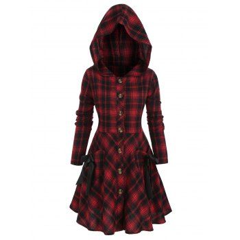 

Plus Size Plaid Hooded Tie Skirted Button Front Coat, Multicolor