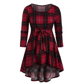

Plus Size Plaid Print Bowknot T-shirt, Red wine