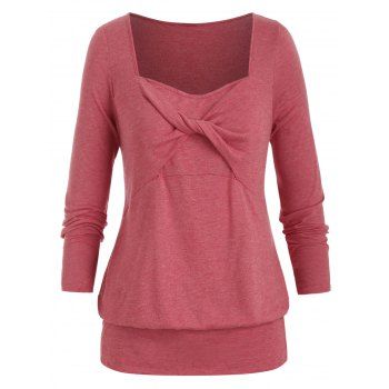

Plus Size Twist Square Neck Long Sleeve Tee, Valentine red