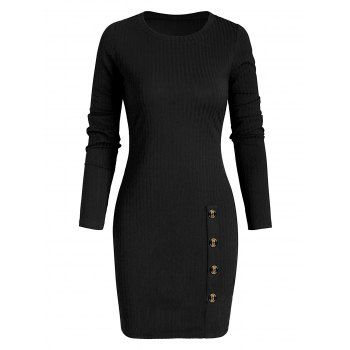 

Mock Button Ribbed Sheath Dress, Black