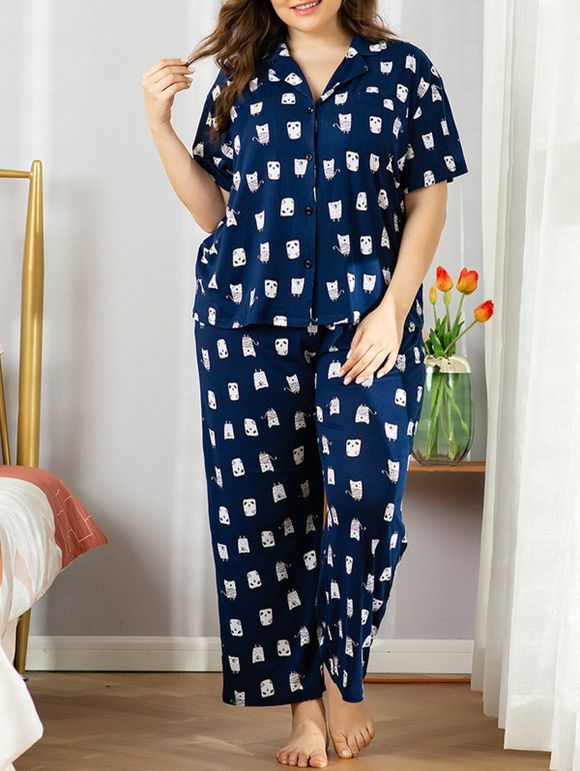 Ensemble Pyjama Imprimé Dessin Animé Grande Taille - Bleu profond 3XL