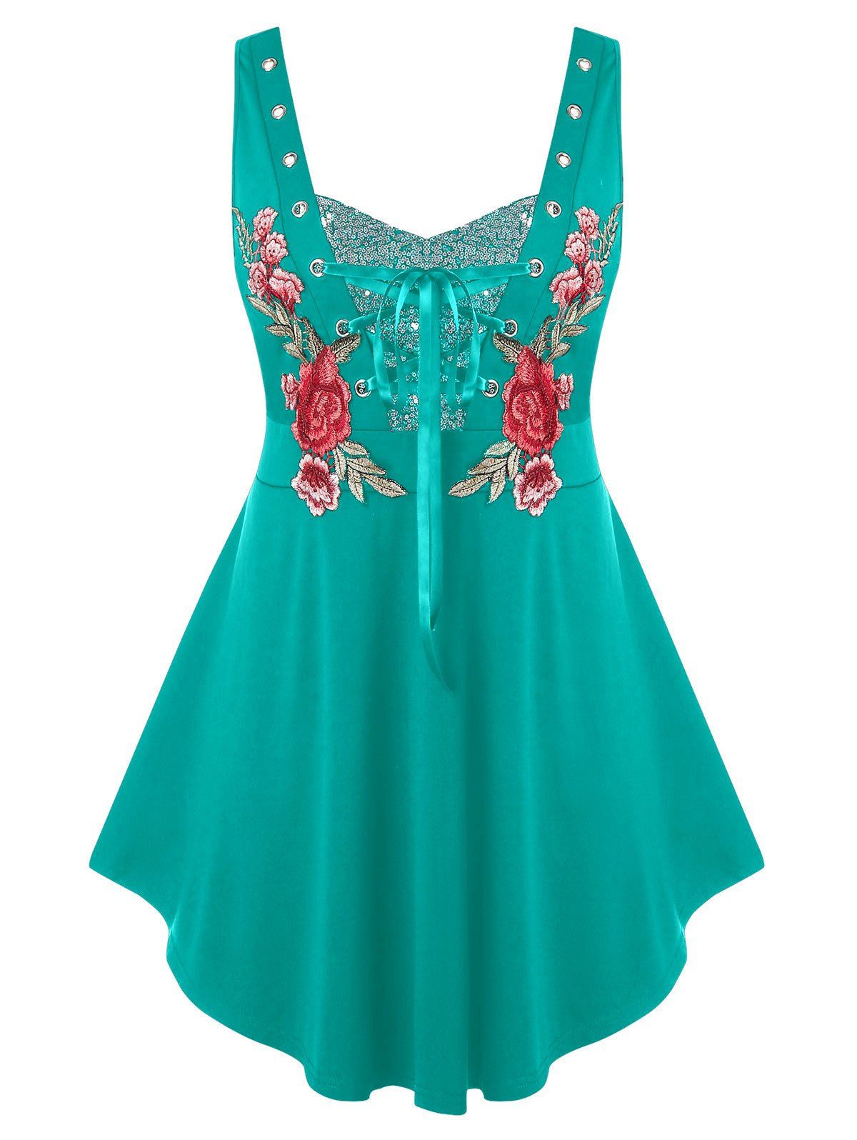 Plus Size Lace Up Sequin Embroidered Tank Top - MEDIUM TURQUOISE L